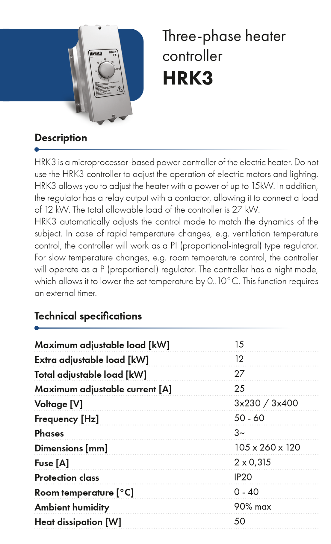 Heaters controller-HRK3 havaco catalogue card